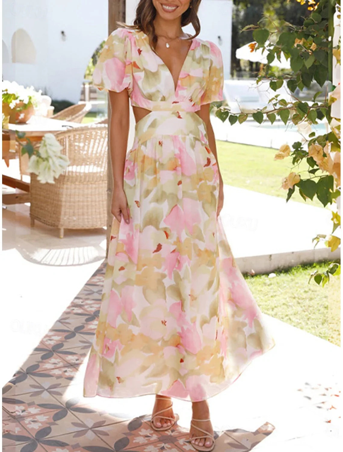 Azalea™ - Floral Puff Sleeve Summer Midi Dress