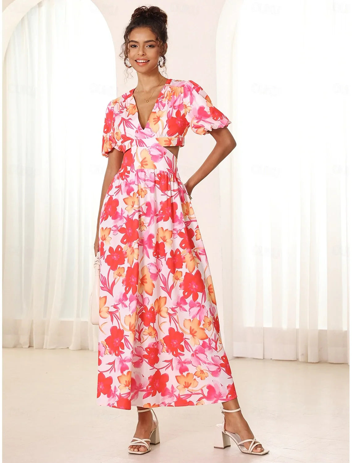 Azalea™ - Floral Puff Sleeve Summer Midi Dress
