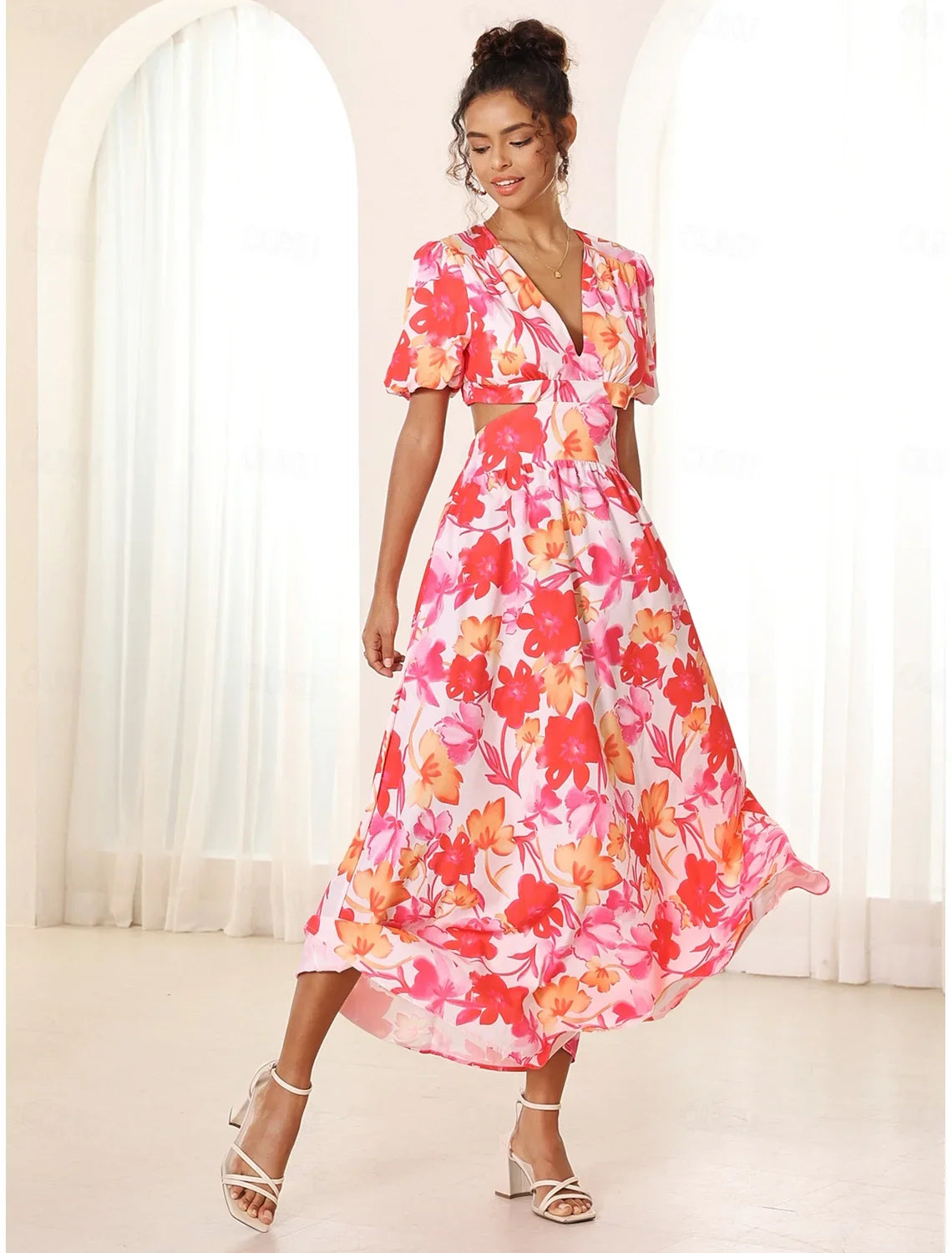 Azalea™ - Floral Puff Sleeve Summer Midi Dress