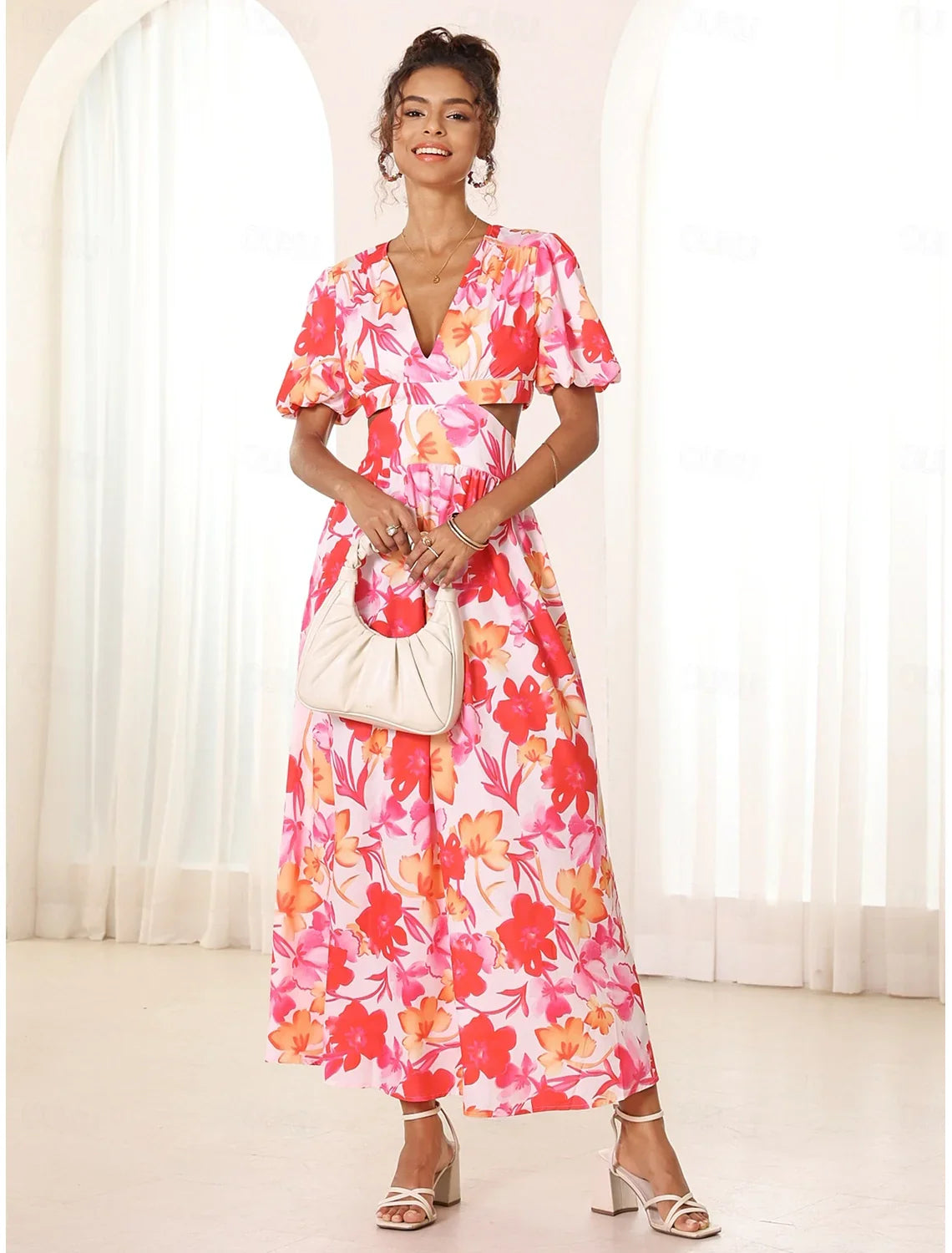 Azalea™ - Floral Puff Sleeve Summer Midi Dress