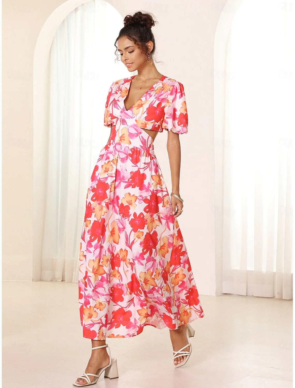 Azalea™ - Floral Puff Sleeve Summer Midi Dress
