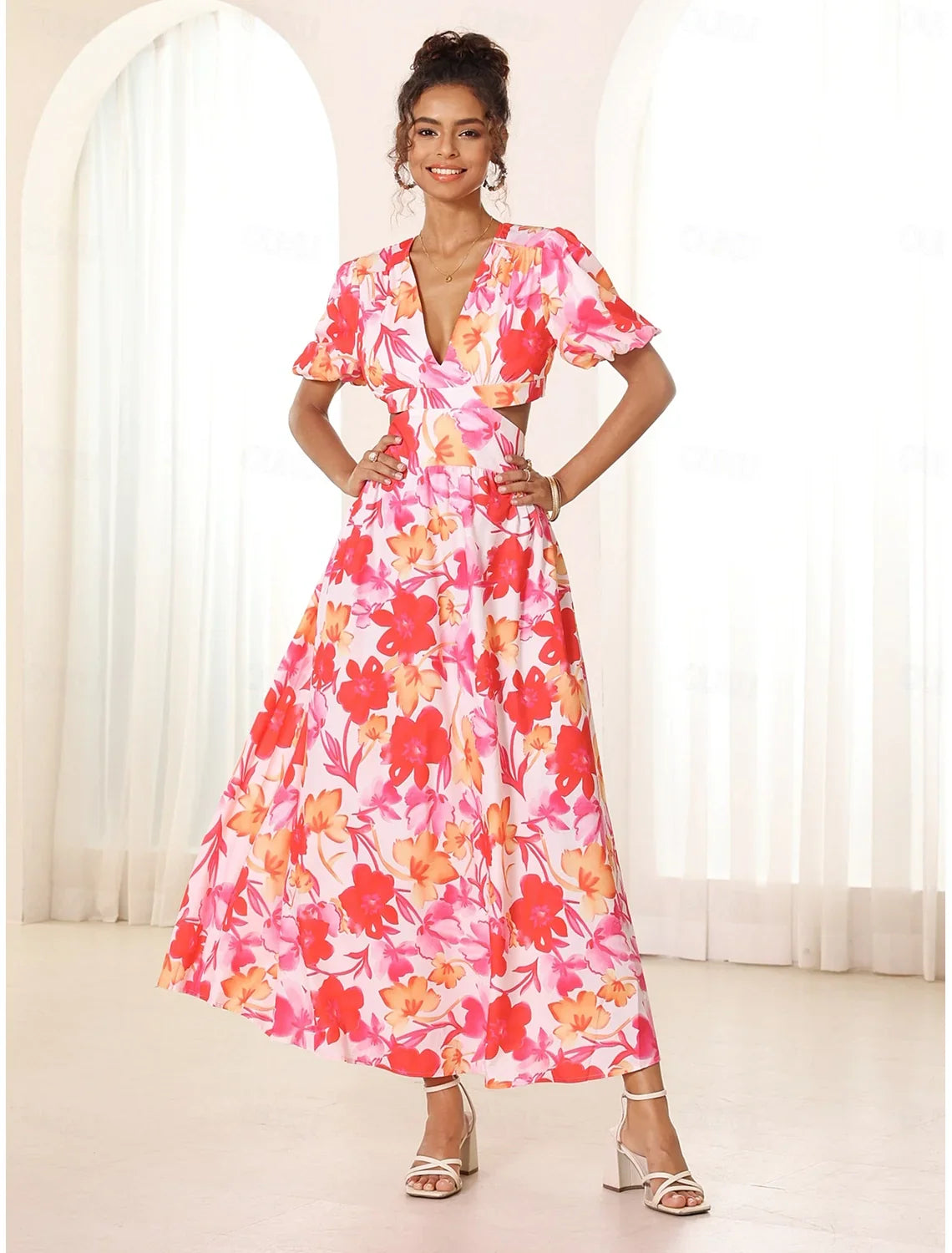 Azalea™ - Floral Puff Sleeve Summer Midi Dress