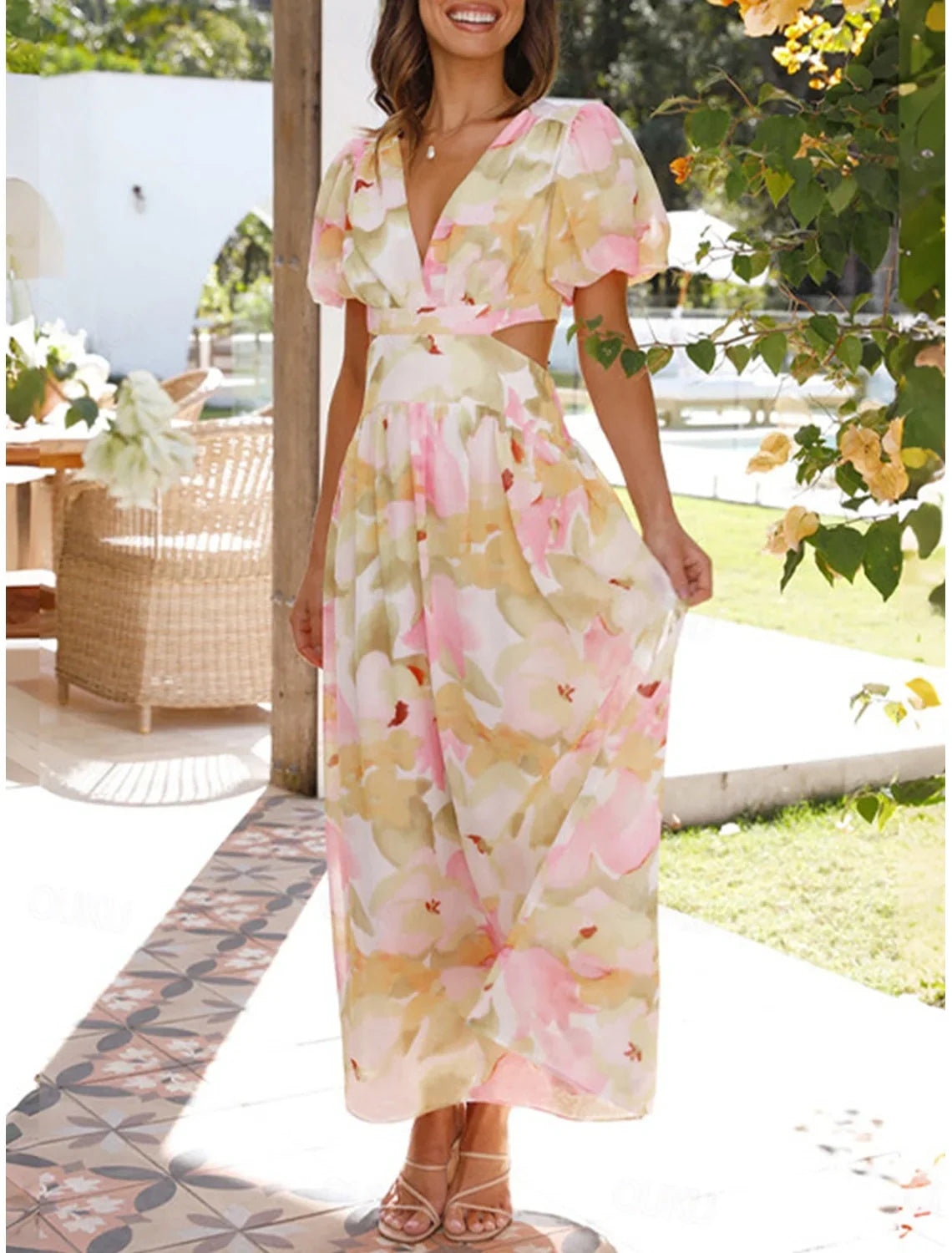 Azalea™ - Floral Puff Sleeve Summer Midi Dress
